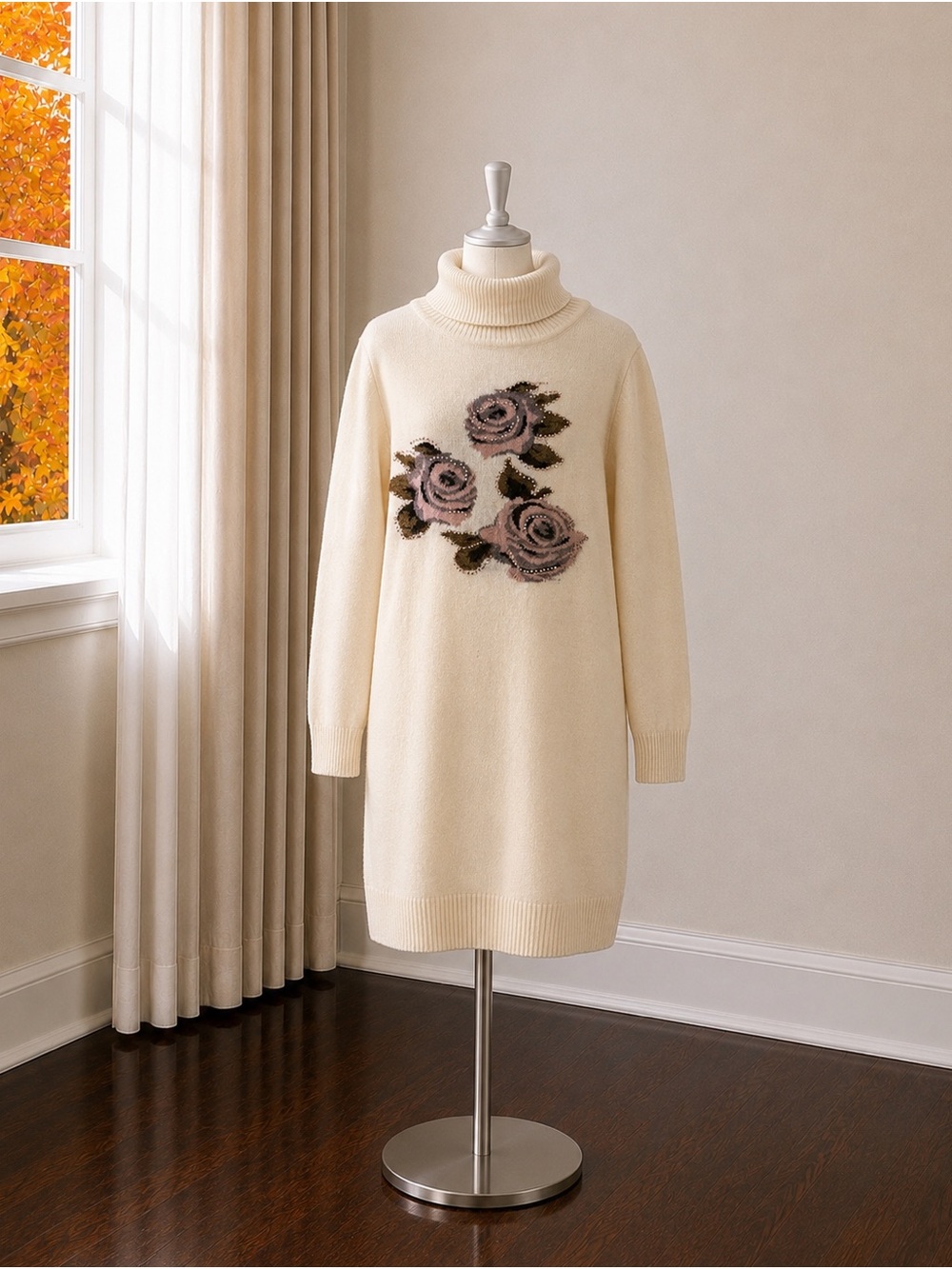 Girls' Cream Turtleneck Sweater Dress with Dusty Pink Rose Details Size 9
